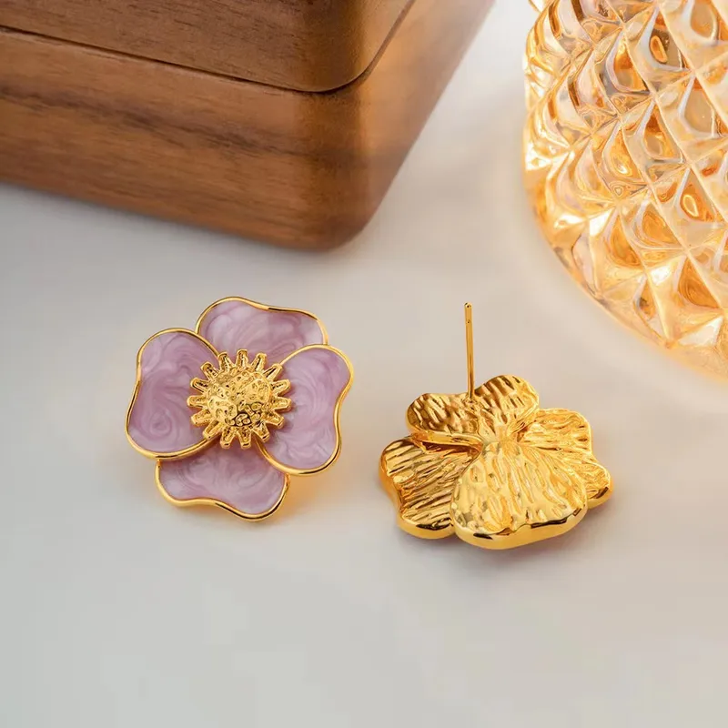 Purple Enamel Blossom Stud Earrings