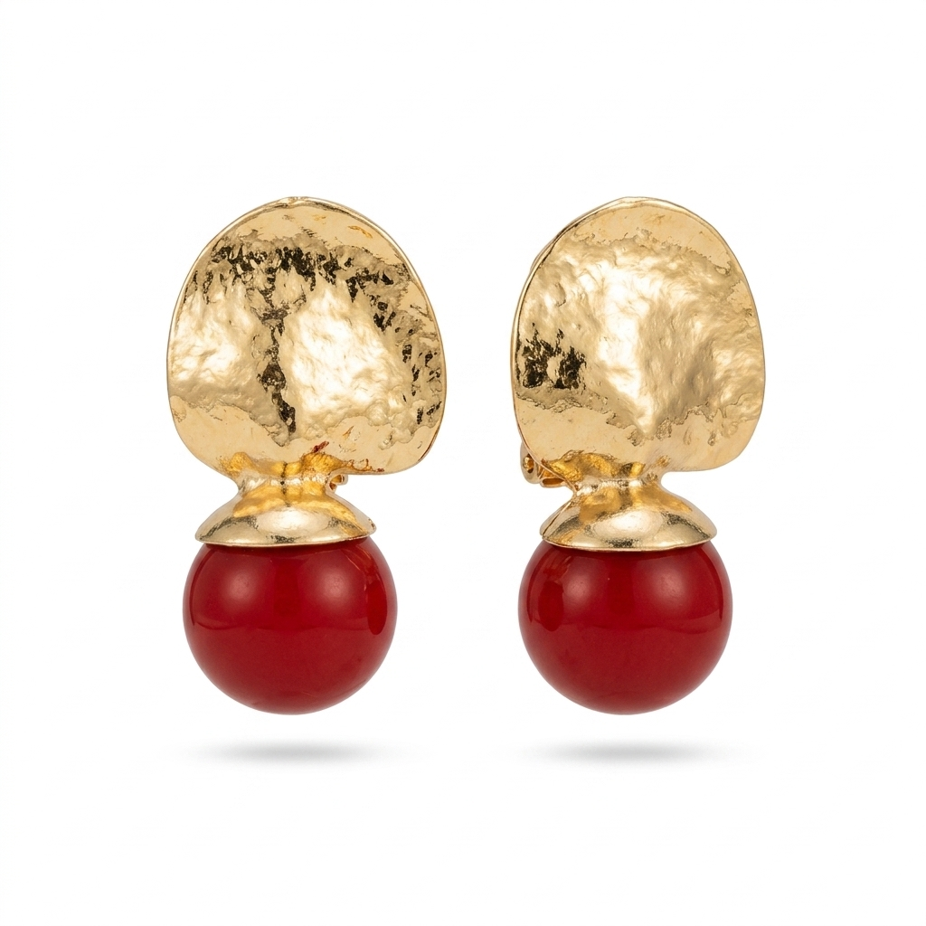 Hammered Gold & Ruby Drop Earrings